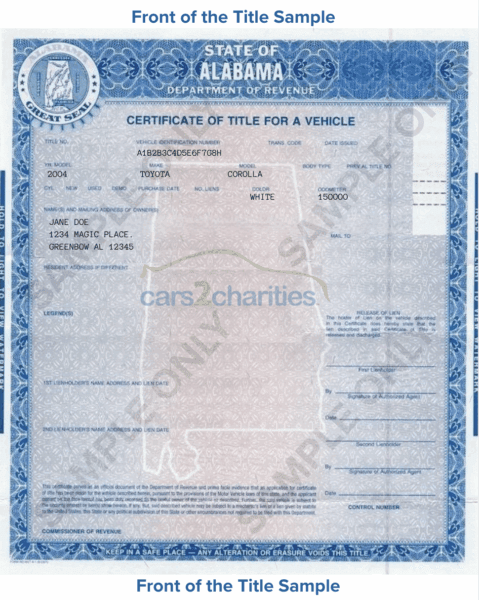 Sample Alabama car title document showing vehicle information, owner details, and designated areas for signatures and printed names.