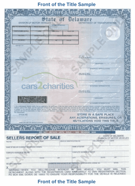 Delaware Title Sample Front Cars2Charities