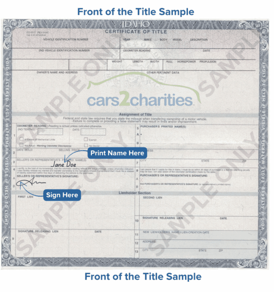 Idaho Title Sample Cars2Charities