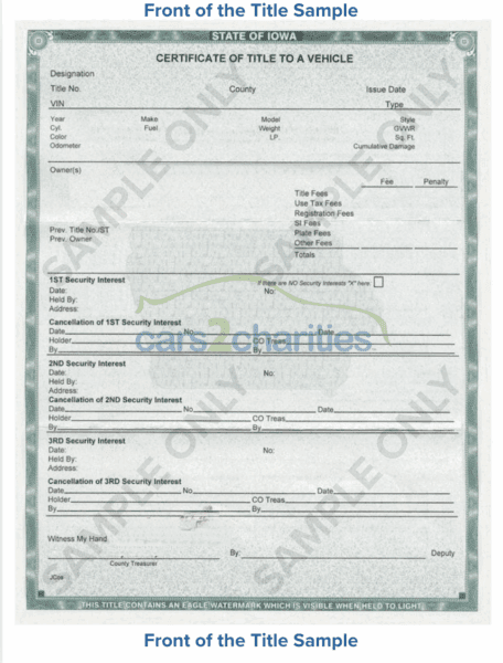 Iowa Title Front Sample Cars2Charities
