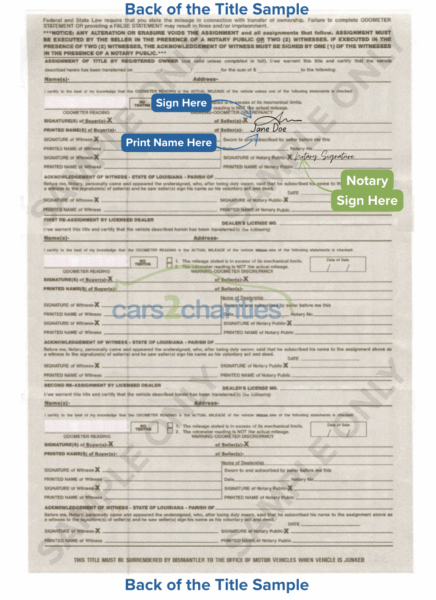 Louisiana Title Back Sample Cars2Charities