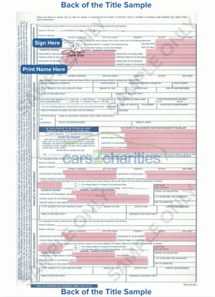 Maryland Title Back Sample Cars2Charities