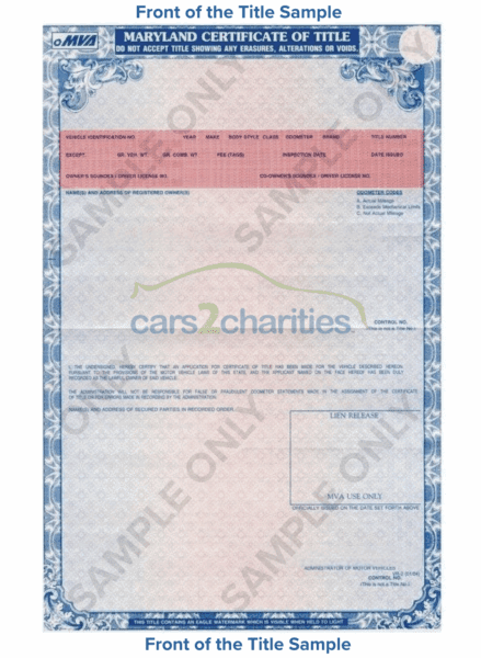 Maryland Title Front Sample Cars2Charities