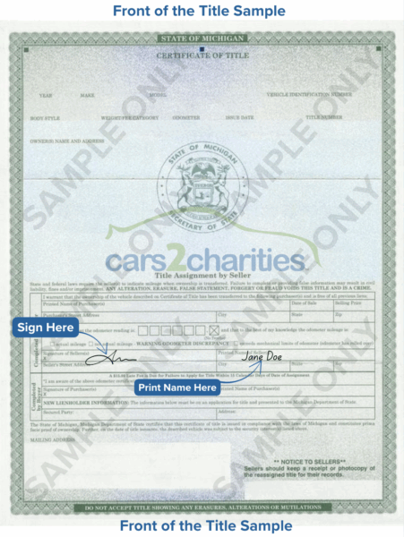 Michigan Front Title Sample Cars2Charities