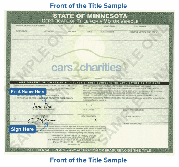 Minnesota Front Title Sample Cars2Charities