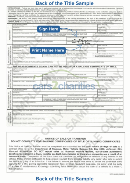 Missouri Back Title Sample Cars2Charities