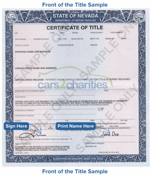 Nevada Title Front Sample Cars2Charities