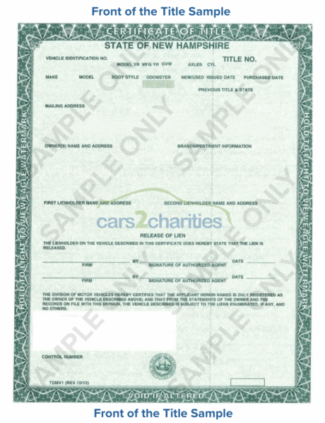 New Hampshire Title Front Sample Cars2Charities