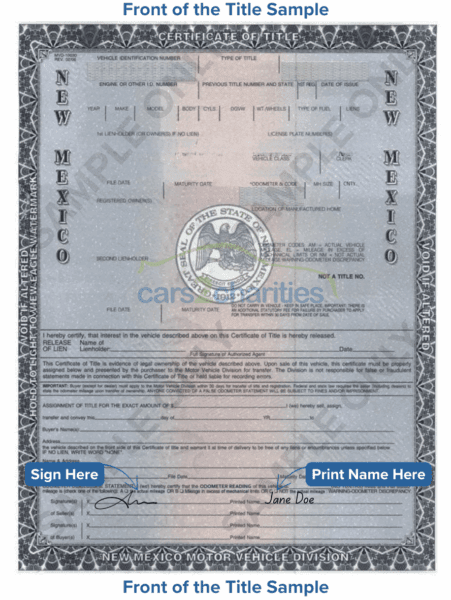 New Mexico Title Front Sample Cars2Charities