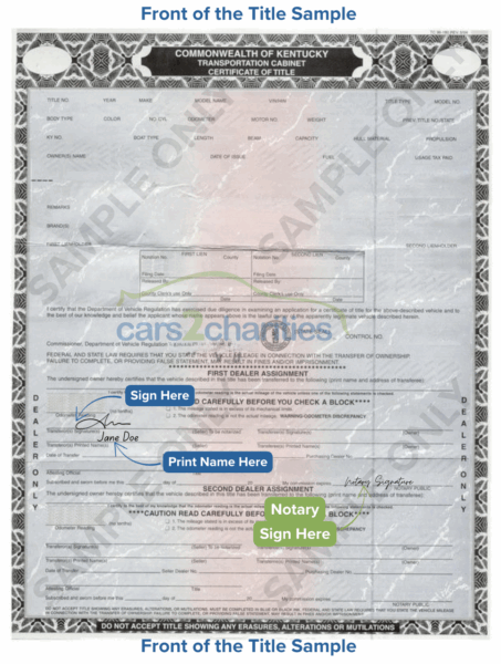 Kentucky Title Front Sample Cars2Charities 