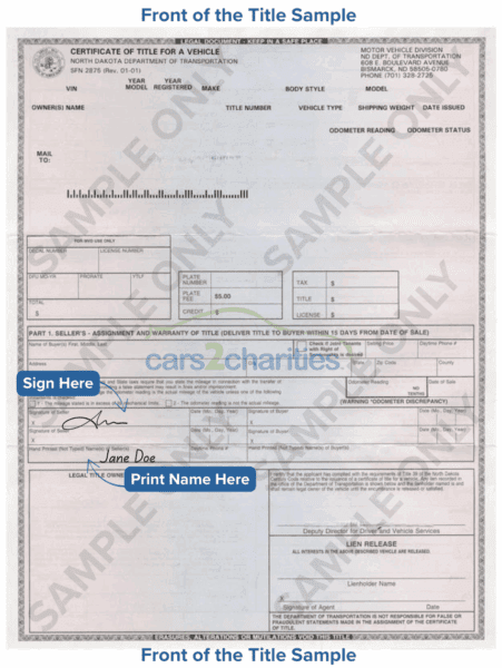 North Dakota Title Front Sample Cars2Charities