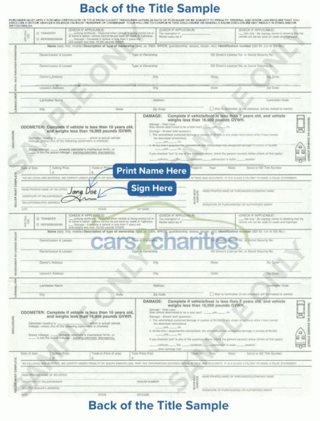 South Dakota Title Back Sample Cars2Charities