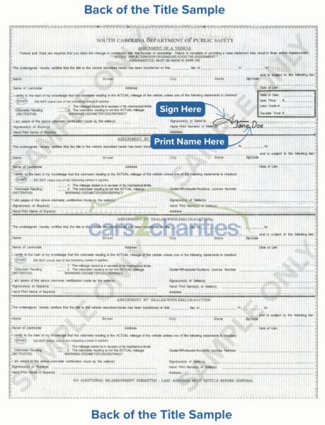 South Carolina Title Back Sample Cars2Charities
