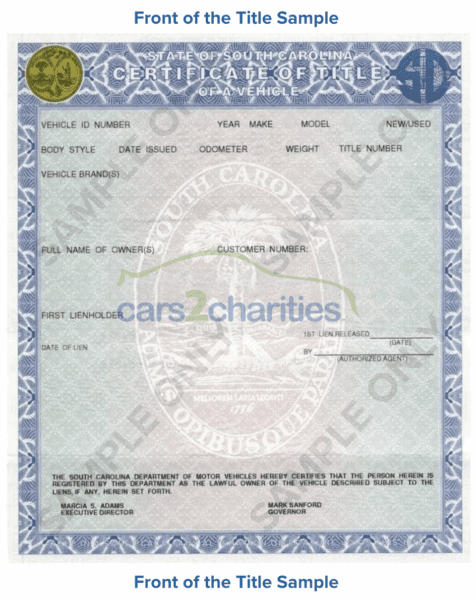 South Carolina Title Front Sample Cars2Charities