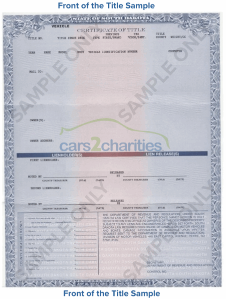 South Dakota Title Front Sample Cars2Charities