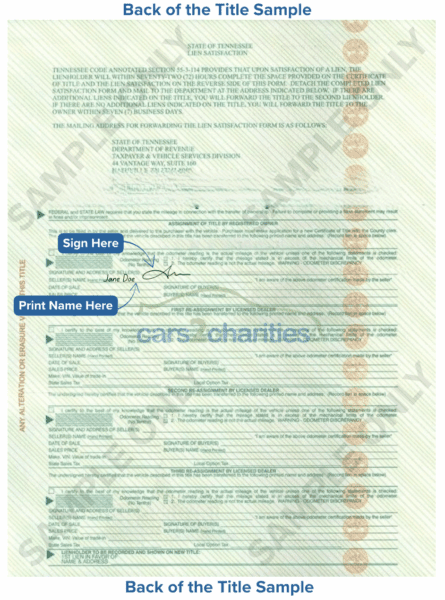 Tennessee Title Back Sample Cars2Charities