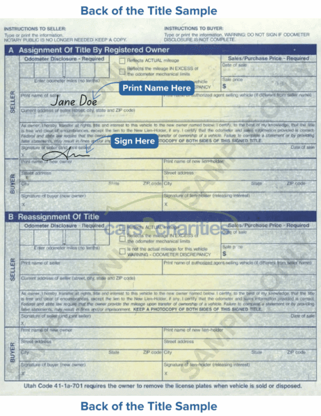 Utah Title Back Sample Cars2Charities