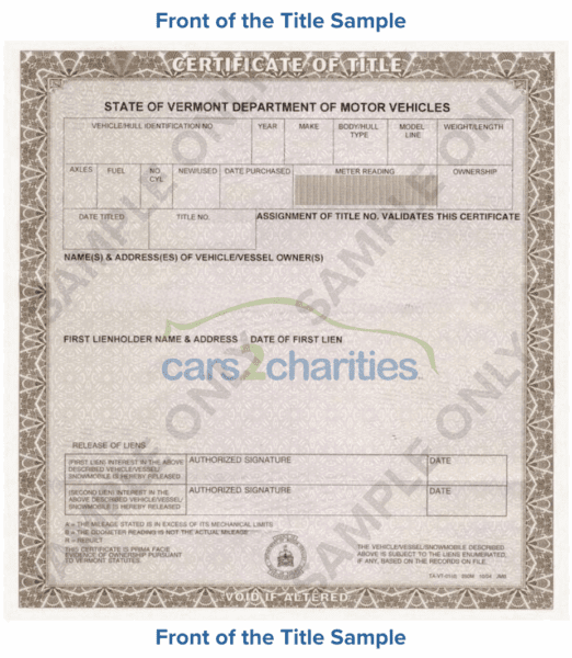 Vermont Title Front Sample Cars2Charities