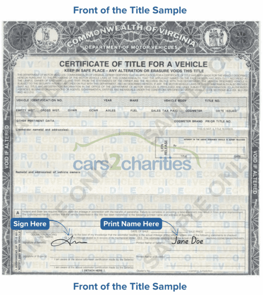 Virginia Title Front Sample Cars2Charities